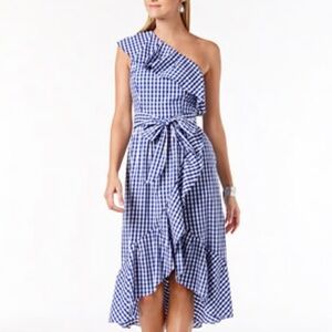 Adrianna Papell- NWT Blue and White One Shoulder Gingham Ruffle Midi Dress